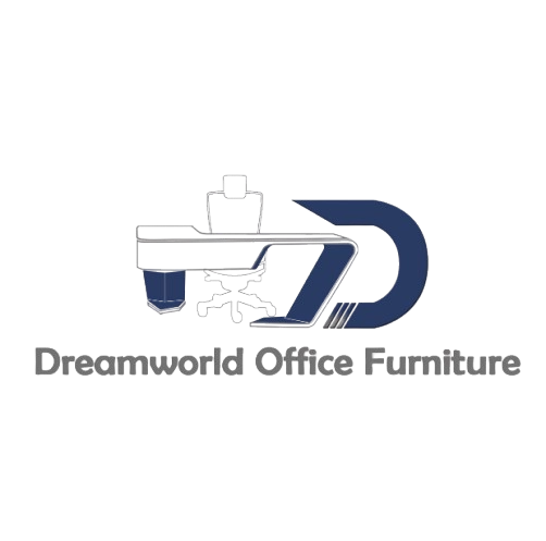Dreamworld Office Furniture logo featuring a modern executive office desk and ergonomic chair in blue and gray, representing contemporary office furniture design and workspace solutions.