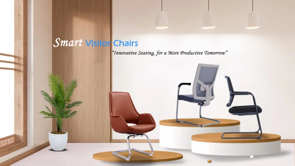 Three modern ergonomic visitor chairs displayed on raised platforms. Designed for comfort and professional office spaces.